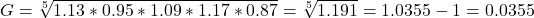 G=\sqrt[5]{1.13*0.95*1.09*1.17*0.87} = \sqrt[5]{1.191} = 1.0355 - 1 = 0.0355